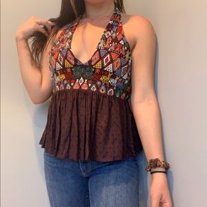 Free People Black Embroidered Halter Tank Aztec